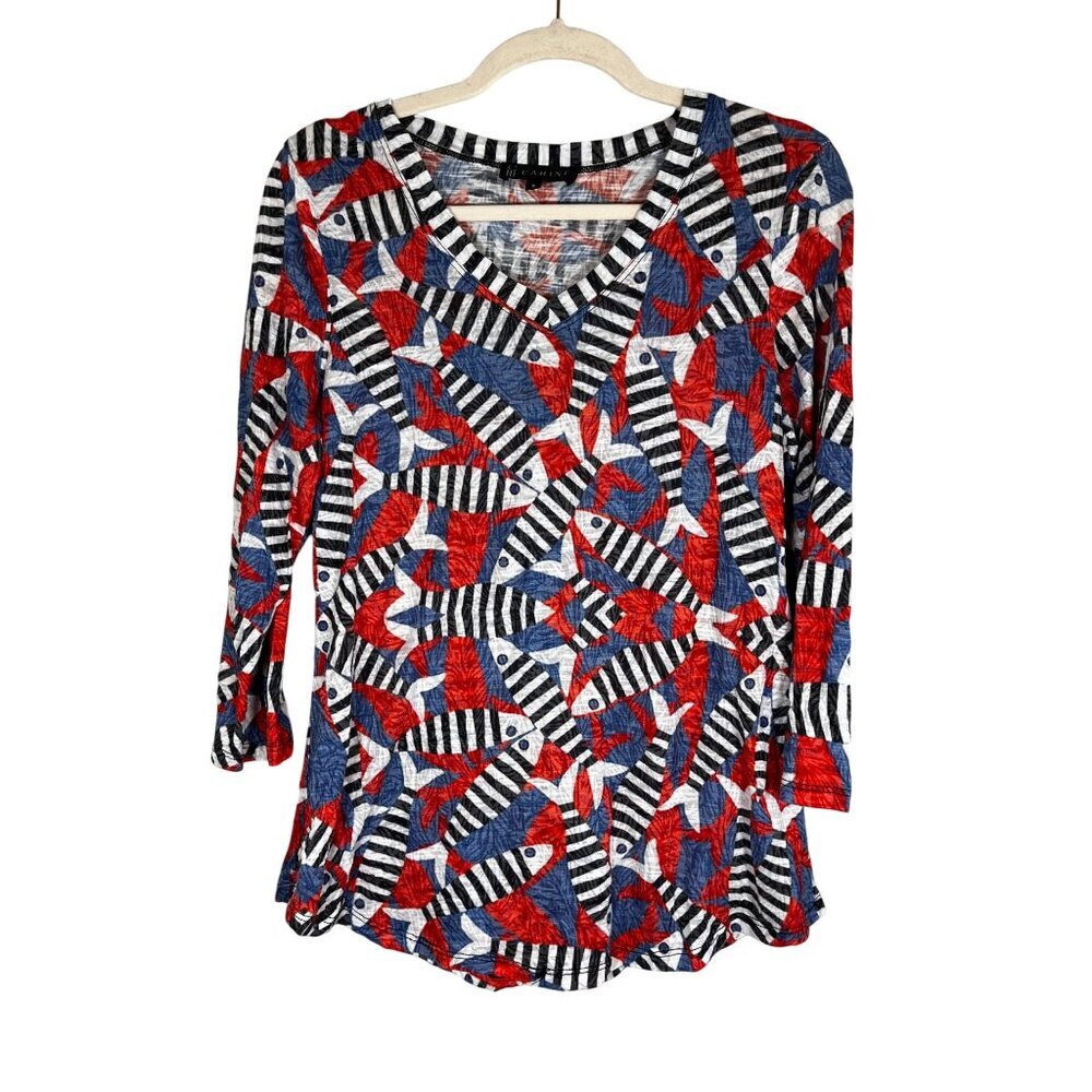 Colorful Fish Print Top Blue S Coastal Nautical Resort Preppy Striped Patriotic